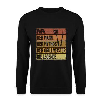 Papa Mann Mythos Grillmeister Legende - Unisex Pullover - Schwarz - Vorne - Alina (178cm) & Michal (187cm)