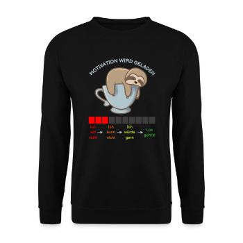 Faultier auf Kaffeetasse - Motivation wird geladen - Unisex Pullover - Schwarz - Vorne - Alina (178cm) & Michal (187cm)