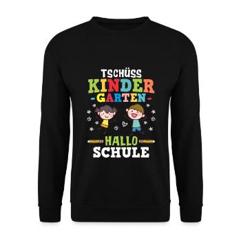 Tschüss Kindergarten Hallo Schule - Einschulung - Unisex Pullover - Schwarz - Vorne - Alina (178cm) & Michal (187cm)