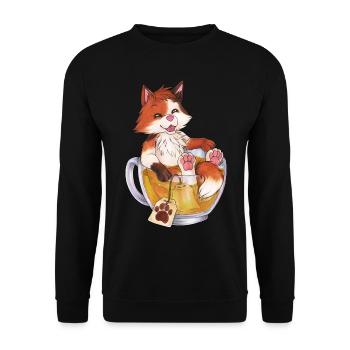 Niedliche KitTeaCat Katze in Teetasse mit Tee - Unisex Pullover - Schwarz - Vorne - Alina (178cm) & Michal (187cm)