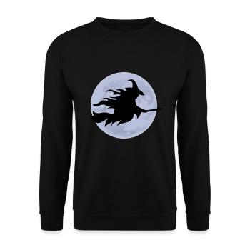 Fliegende Hexe auf Besen vor Vollmond Silhouette - Unisex Pullover - Schwarz - Vorne - Alina (178cm) & Michal (187cm)