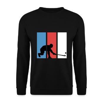 Hockey Feldhockey Hockeyspieler retro Penalty - Unisex Pullover - Schwarz - Vorne - Alina (178cm) & Michal (187cm)