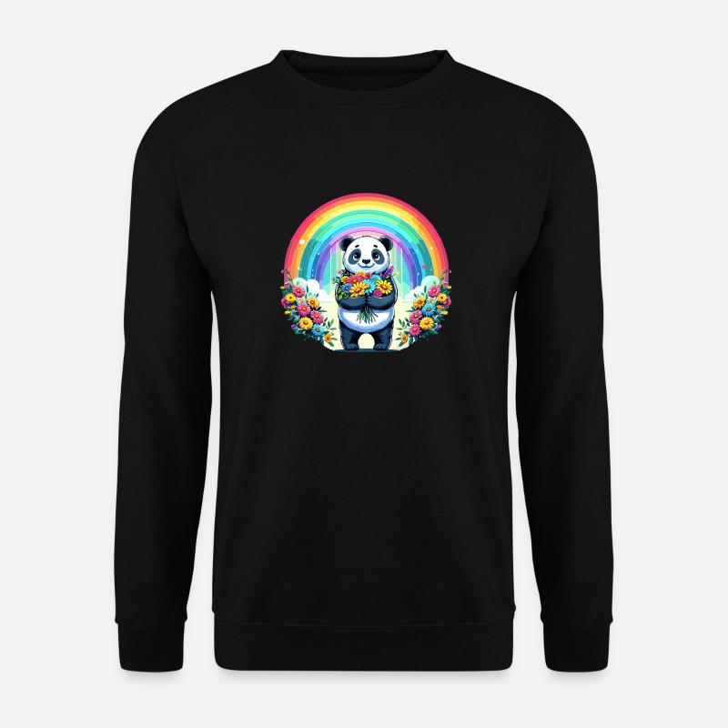 Panda mignon devant un arc-en-ciel avec des fleurs - Sweat-shirt Unisexe - noir