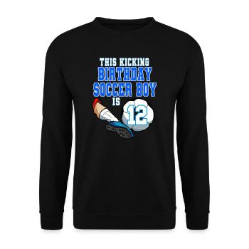 Dieser Fußballjunge ist Fußball zum 12. Geburtstag - Unisex Pullover - Schwarz - Vorne - Alina (178cm) & Michal (187cm)