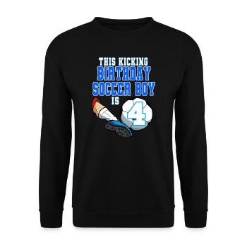 Dieser Fußballjunge ist Fußball zum 4. Geburtstag - Unisex Pullover - Schwarz - Vorne - Alina (178cm) & Michal (187cm)