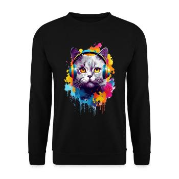 Bunte Britisch Kurzhaar Katze Farbkleckse Farbspri - Unisex Pullover - Schwarz - Vorne - Alina (178cm) & Michal (187cm)