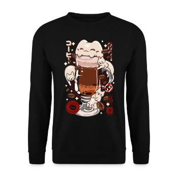 Japan Catpuccino Kaffee Katze - Kaffee - Unisex Pullover - Schwarz - Vorne - Alina (178cm) & Michal (187cm)
