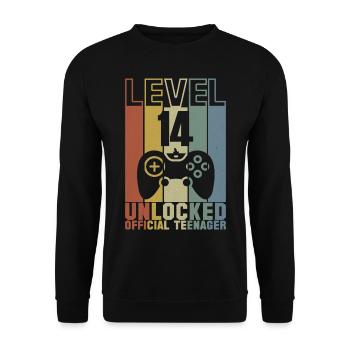 LEVEL 14 FREIGESCHALTET 14. GEBURTSTAG GESCHENK - Unisex Pullover - Schwarz - Vorne - Alina (178cm) & Michal (187cm)