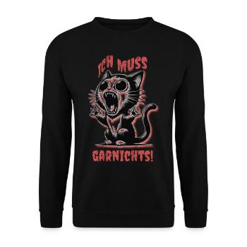 Tiermotiv- T-Shirt- Design- wütende Katze & Spruch - Unisex Pullover - Schwarz - Vorne - Alina (178cm) & Michal (187cm)