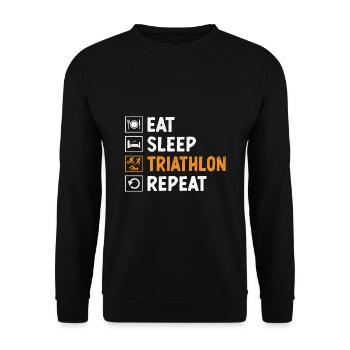 Essen, Schlaf, Triathlon, Wiederholung, Schwimmen, Radfahren, Laufen, Triathlet - Unisex Pullover - Schwarz - Vorne - Alina (178cm) & Michal (187cm)