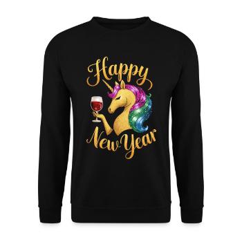 Silvester Happy New Year Einhorn Party Neujahr  - Unisex Pullover - Schwarz - Vorne - Alina (178cm) & Michal (187cm)
