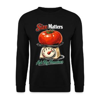 Size Matters: Lustige Riesen-Tomate auf Waage - Unisex Pullover - Schwarz - Vorne - Alina (178cm) & Michal (187cm)