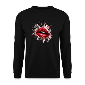 Rote Lippen mit Diamanten und Blüten - Unisex Pullover - Schwarz - Vorne - Alina (178cm) & Michal (187cm)