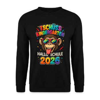 Tschüss Kindergarten Hallo Schule 2026 Schulkind - Unisex Pullover - Schwarz - Vorne - Alina (178cm) & Michal (187cm)