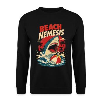 Beach Nemesis – Hai am Strand Retro Sommermotiv - Unisex Pullover - Schwarz - Vorne - Alina (178cm) & Michal (187cm)