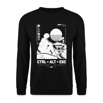 Retro-Japanischer Sonnenuntergang am Kai - Unisex Pullover - Schwarz - Vorne - Alina (178cm) & Michal (187cm)