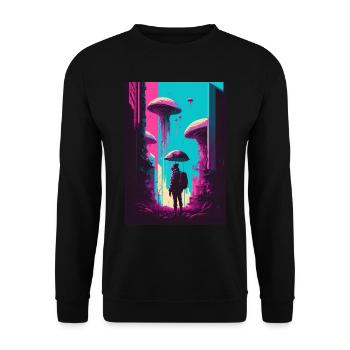 Pilz Neon Vaporwave Stadt Apokalypse - Unisex Pullover - Schwarz - Vorne - Alina (178cm) & Michal (187cm)