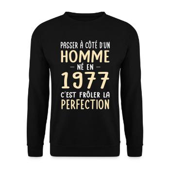 Anniversaire 45 ans - Né en 1977 Perfection - Sweat-shirt Unisexe - noir - Devant - Alina (178cm) & Michal (187cm)