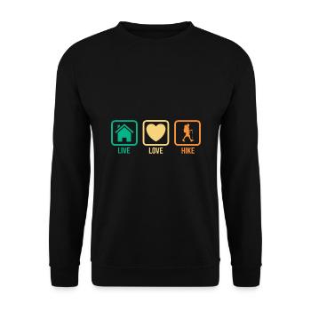 Live Love Hike Mountaineering Trekking Hiker Outdo - Unisex Pullover - Schwarz - Vorne - Alina (178cm) & Michal (187cm)
