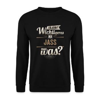 Sportler Motiv - Jass - es gibt wichtigeres - - Unisex Pullover - Schwarz - Vorne - Alina (178cm) & Michal (187cm)