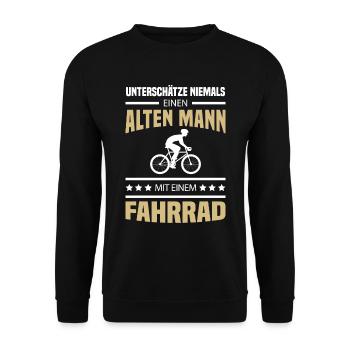 Alter Mann mit einem Fahrrad - Unisex Pullover - Schwarz - Vorne - Alina (178cm) & Michal (187cm)
