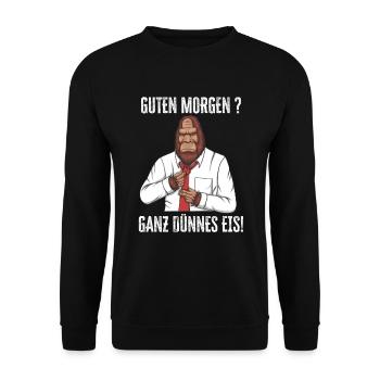 Guten Morgen - Ganz dünnes Eis Spruch Kaffee - Unisex Pullover - Schwarz - Vorne - Alina (178cm) & Michal (187cm)