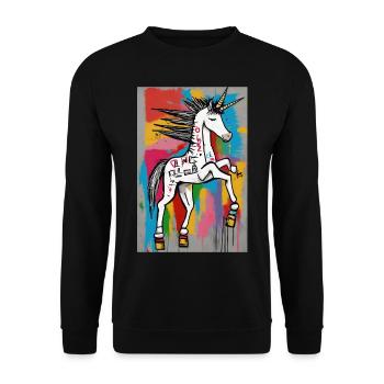 T-Shirt Sweatshirt "Buntes urbanes Einhorn" - Unisex Pullover - Schwarz - Vorne - Alina (178cm) & Michal (187cm)