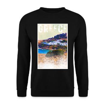 Grèce Affiche de voyage vintage avec la ville de Lindos - Sweat-shirt Unisexe - noir - Devant - Alina (178cm) & Michal (187cm)