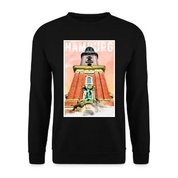 Hamburg Vintage Reiseposter mit dem Michel - Unisex Pullover - Schwarz - Vorne - Alina (178cm) & Michal (187cm)