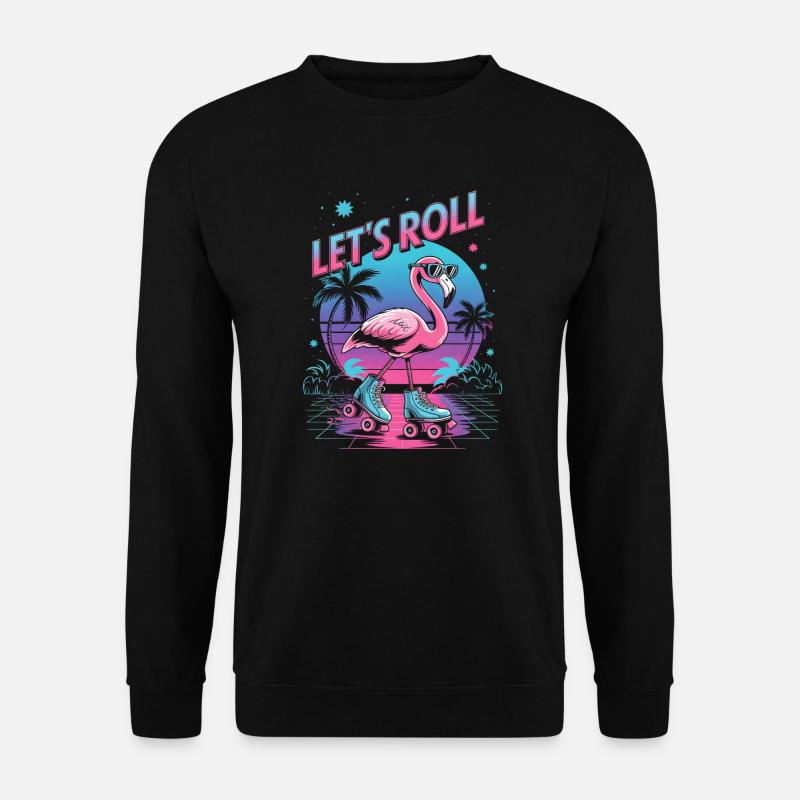 Flamingo auf Rollschuhen - Retro 80er - Unisex Pullover - Schwarz