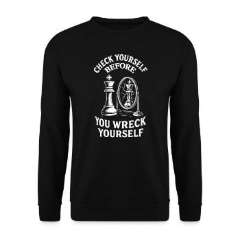 Check Yourself Funny Chess Player Saying - Unisex Sweatshirt - black - Front - Alina (178cm) & Michal (187cm)