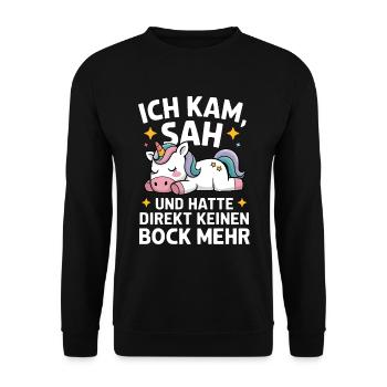 Ich hatte direkt keinen Bock mehr! Faules Einhorn - Unisex Pullover - Schwarz - Vorne - Alina (178cm) & Michal (187cm)