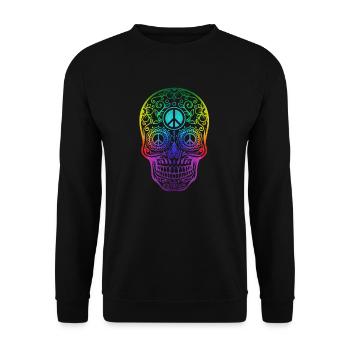 Bunter Hippie Totenschädel Peace - Unisex Pullover - Schwarz - Vorne - Alina (178cm) & Michal (187cm)