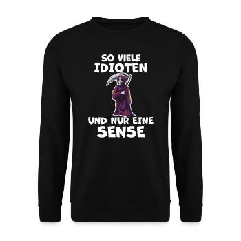 Idioten Sensenmann Lustiger Spruch Frech Geschenk - Unisex Pullover - Schwarz - Vorne - Alina (178cm) & Michal (187cm)