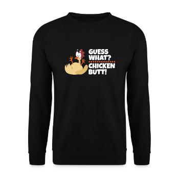 Ratet mal was Hühnchen Hintern Lustiges Huhn - Unisex Pullover - Schwarz - Vorne - Alina (178cm) & Michal (187cm)