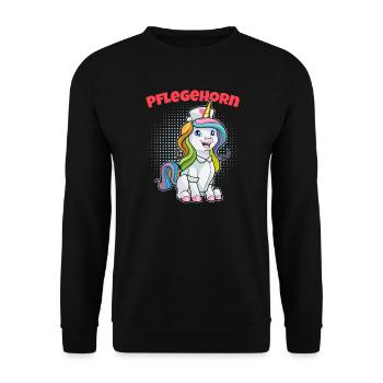 Pflegehorn Altenpflege Krankenpflege Einhorn - Unisex Pullover - Schwarz - Vorne - Alina (178cm) & Michal (187cm)