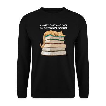 Easily Distracted By Cats And Books Cat Reading - Unisex Pullover - Schwarz - Vorne - Alina (178cm) & Michal (187cm)
