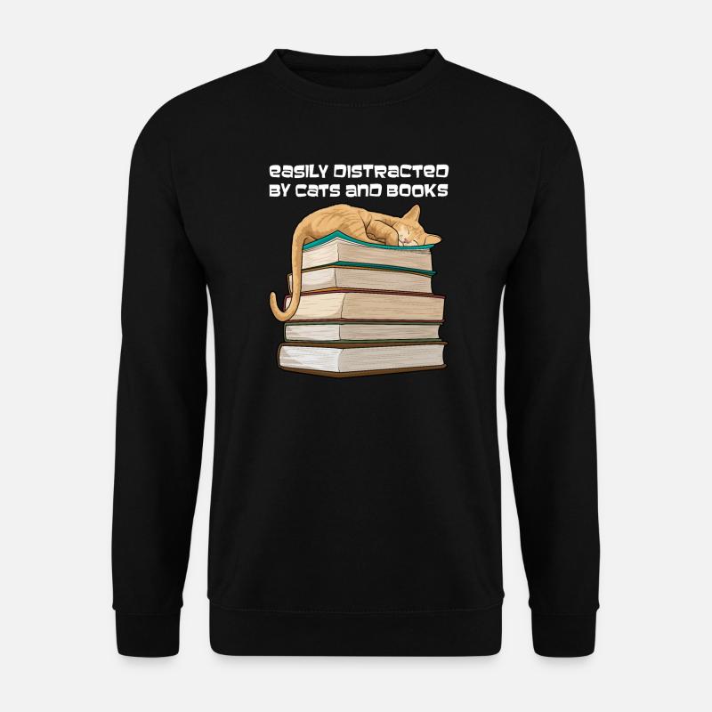 Easily Distracted By Cats And Books Cat Reading - Unisex Pullover - Schwarz