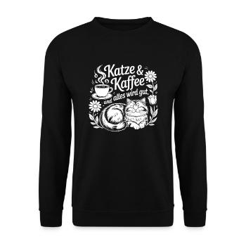 Katze und Kaffee ist alles was ich brauche - Unisex Pullover - Schwarz - Vorne - Alina (178cm) & Michal (187cm)
