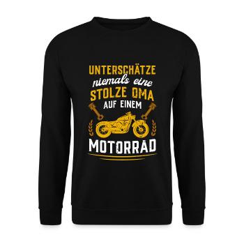 ...stolze Oma auf einem Motorrad - Unisex Pullover - Schwarz - Vorne - Alina (178cm) & Michal (187cm)