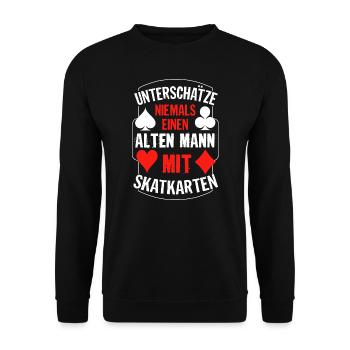 Unterschätze niemals einen alten Mann mit Skatkart - Unisex Pullover - Schwarz - Vorne - Alina (178cm) & Michal (187cm)