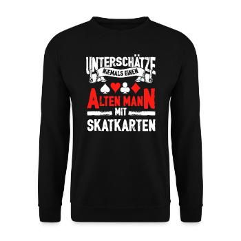 Unterschätze niemals einen alten Mann mit Skatkart - Unisex Pullover - Schwarz - Vorne - Alina (178cm) & Michal (187cm)