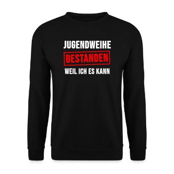 Jugendweihe 2020 Bestanden Weil Ich Es Kann - Unisex Pullover - Schwarz - Vorne - Alina (178cm) & Michal (187cm)