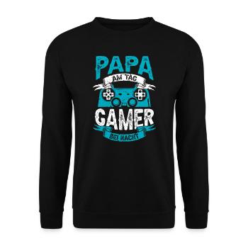 PAPA AM TAG GAMER BEI NACHT | Vater Gaming Zocker - Unisex Pullover - Schwarz - Vorne - Alina (178cm) & Michal (187cm)