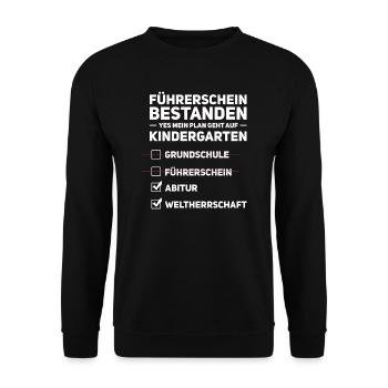 Führerschein Fahranfänger Fahrprüfung Geschenk - Unisex Pullover - Schwarz - Vorne - Alina (178cm) & Michal (187cm)