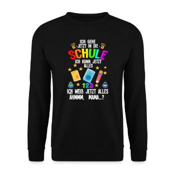 Schulkind Schulanfang Schulanfänger Geschenk - Unisex Pullover - Schwarz - Vorne - Alina (178cm) & Michal (187cm)