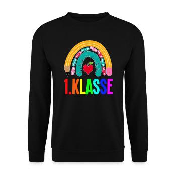 1.Klasse Regenbogen Schulanfänger Geschenk - Unisex Pullover - Schwarz - Vorne - Alina (178cm) & Michal (187cm)