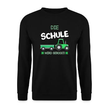 Schulkind Traktor Einschulung Geschenk - Unisex Pullover - Schwarz - Vorne - Alina (178cm) & Michal (187cm)