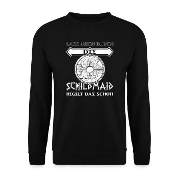 Wikinger Schild-Maid Nordische Mythologie Geschenk - Unisex Pullover - Schwarz - Vorne - Alina (178cm) & Michal (187cm)