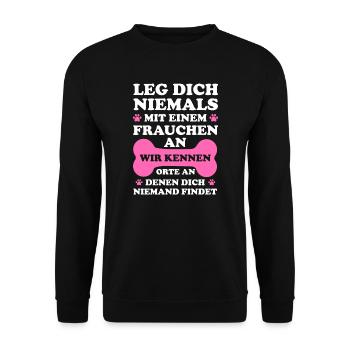 Frauchen Hund Hundehalterin Geschenk - Unisex Pullover - Schwarz - Vorne - Alina (178cm) & Michal (187cm)